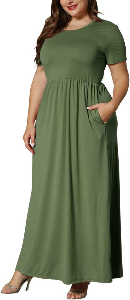 Women’S plus Size Maxi Dresses for Curvy Women Summer Casual Short Sleeve Long Dress with Pockets