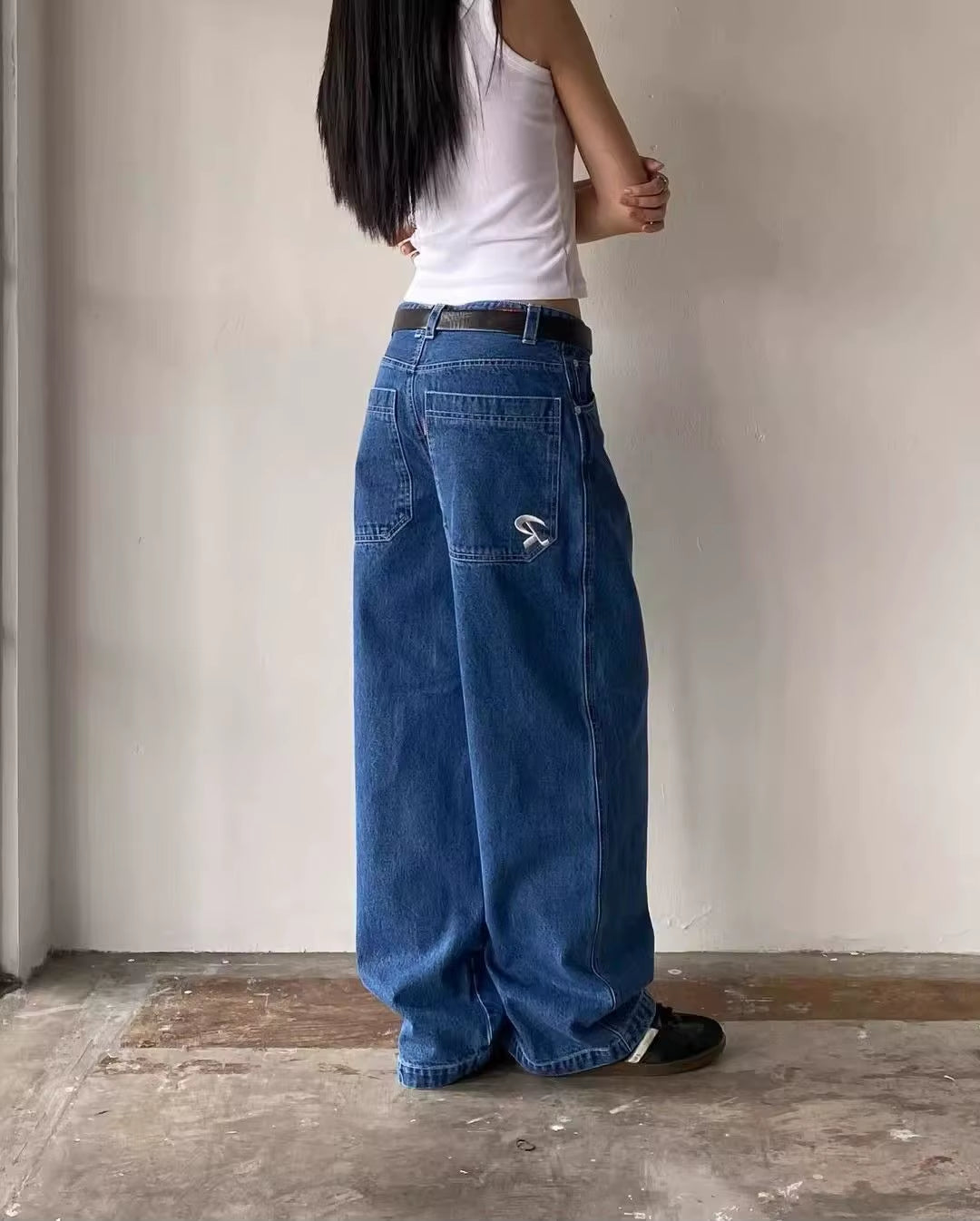 Women's Vintage Y2K Straight Leg Jeans with Embroidery - Harajuku Casual Denim Trousers