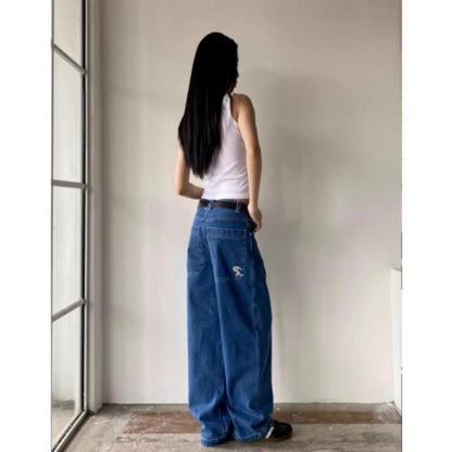 Women's Vintage Y2K Straight Leg Jeans with Embroidery - Harajuku Casual Denim Trousers